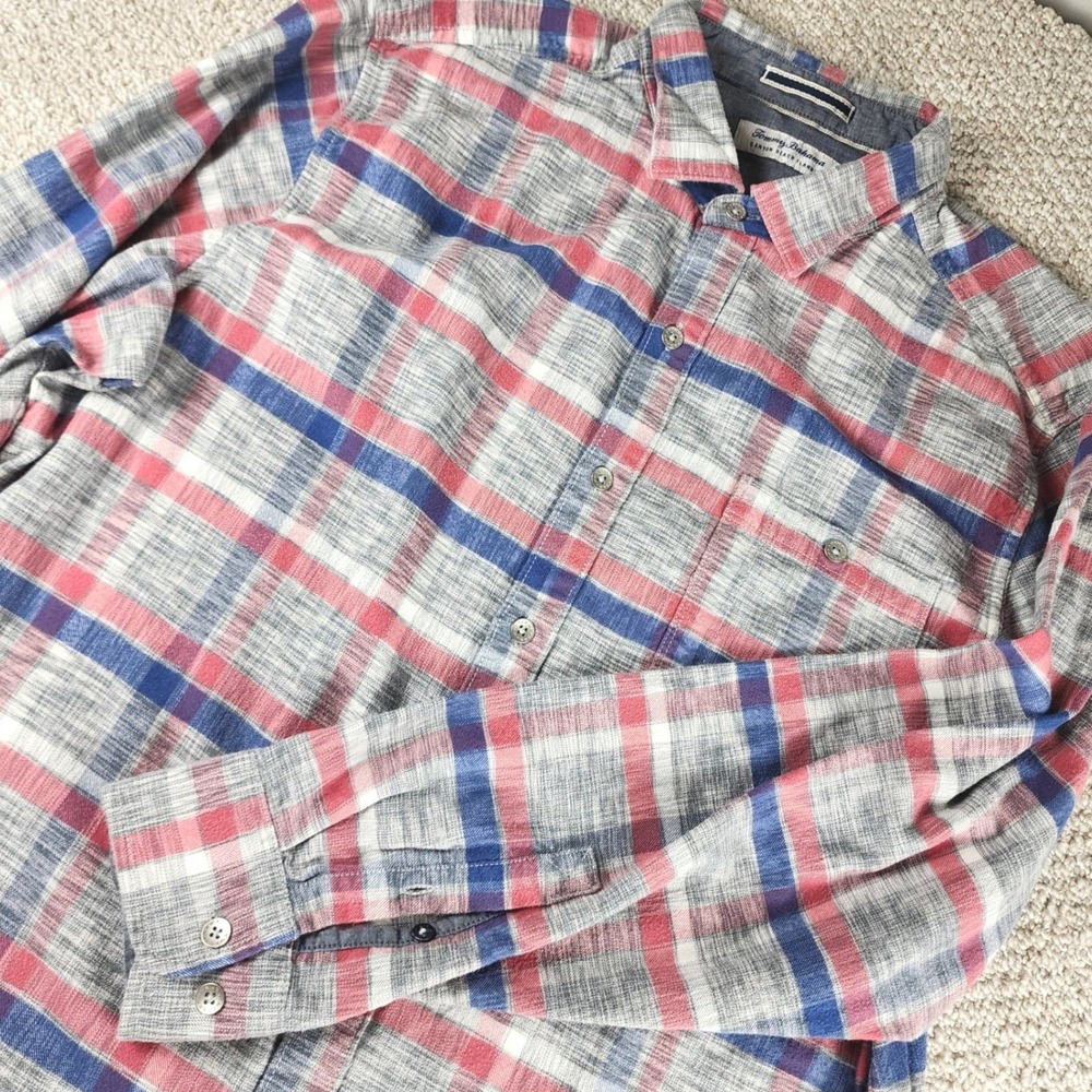 Tommy Bahama Canyon Beach Flannel XL Plaid Cotton Tencel Button Down Red Blue